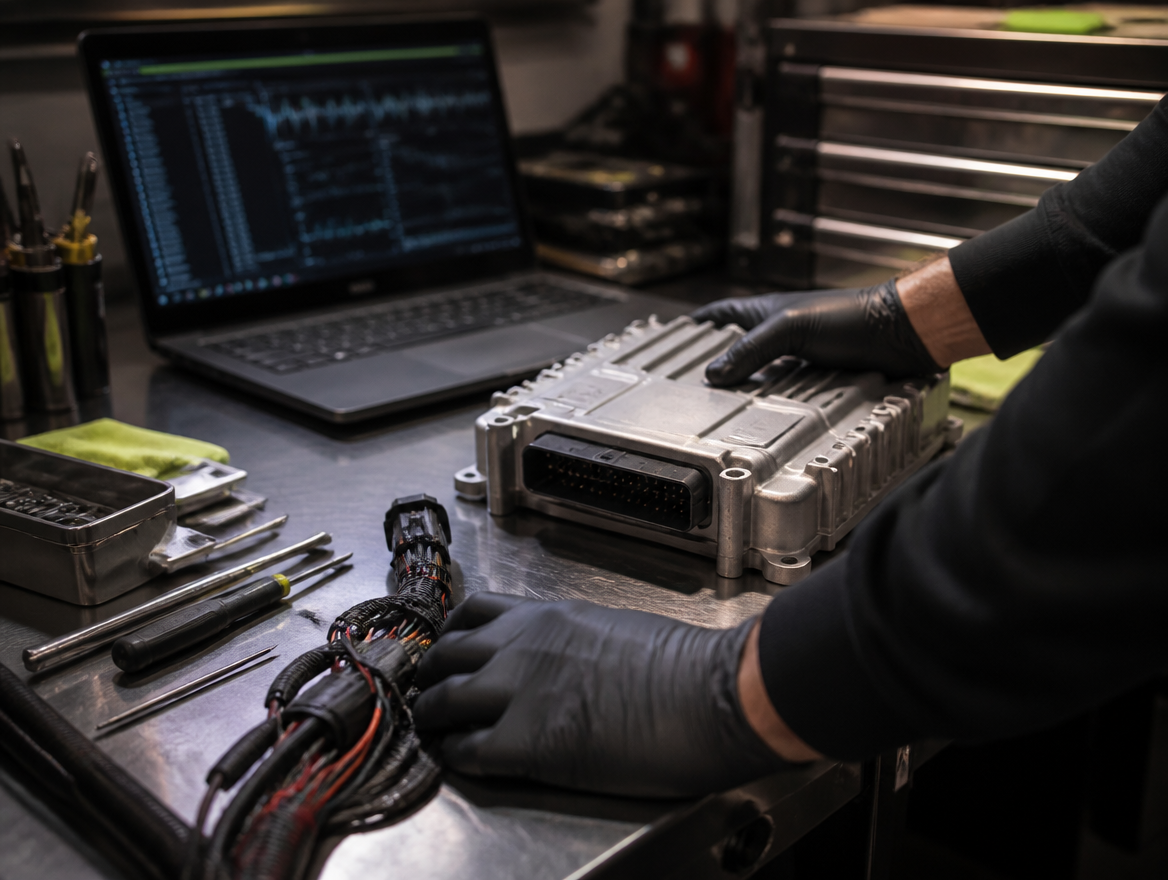 Technician inspecting an ECU and wiring harness at a workshop bench